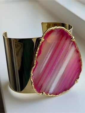 Gold Cuff Bracelet with Faux Pink Agate Slice